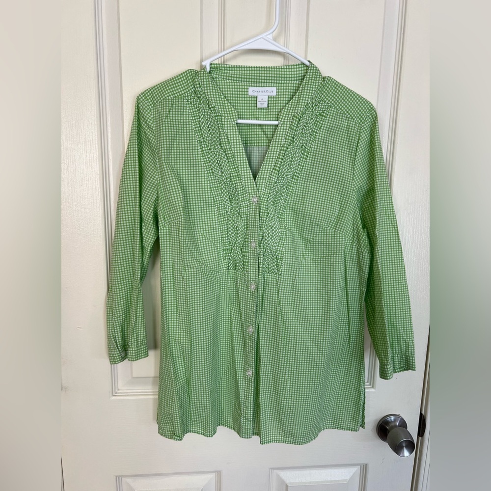 Charter Club Green Gingham Ruffle Front Button Blouse Cotton Top